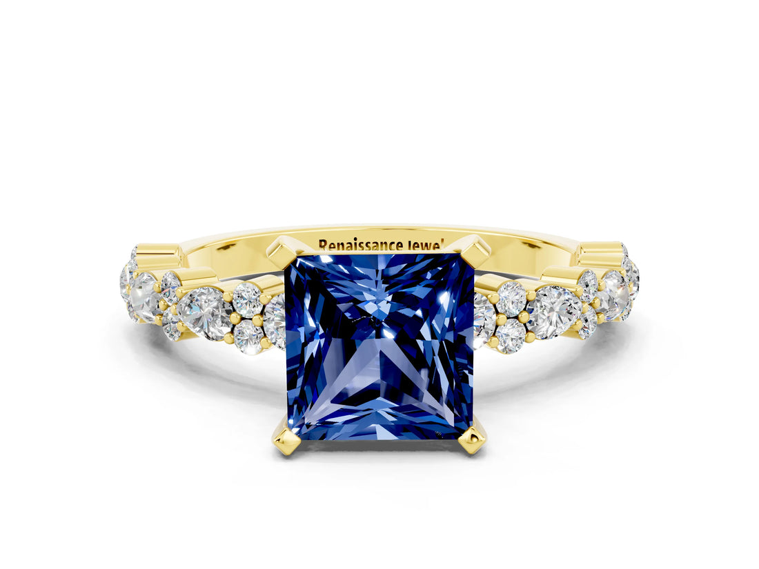 Yellow gold Princess Cut Blue Sapphire Solitaire with Side Stones, Pave Band, Four-Prong Setting_36