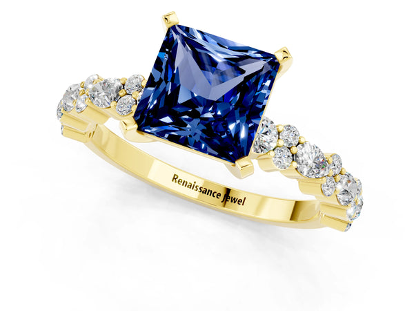Yellow gold Princess Cut Blue Sapphire Side Stone Solitaire Ring with Round  and Four-Prong Setting