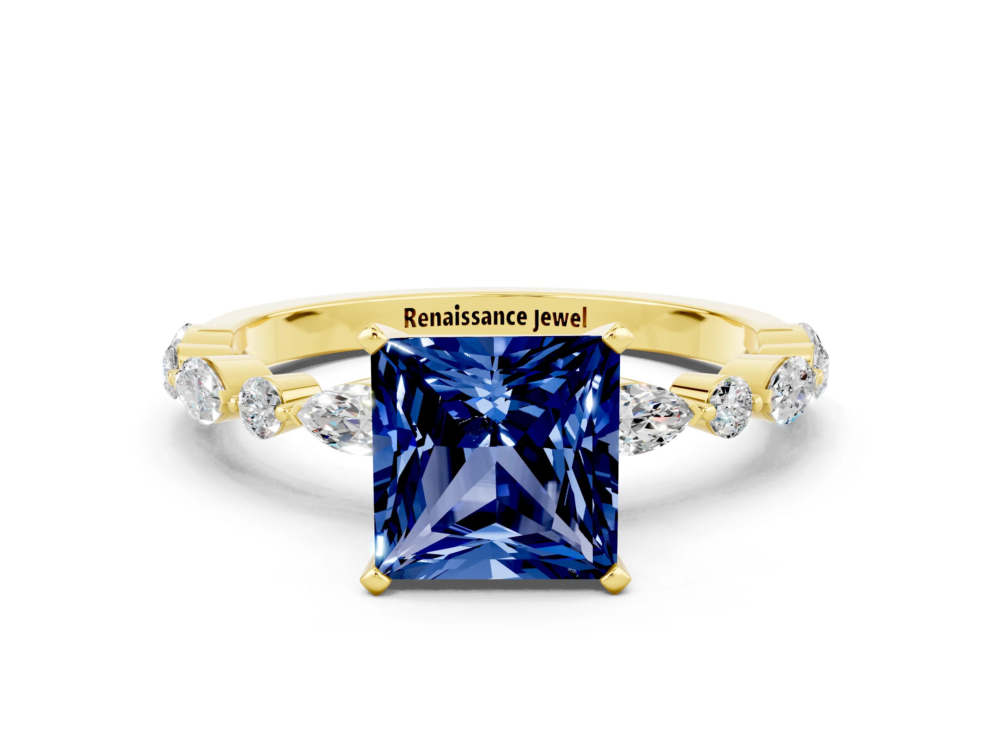 Yellow gold Princess Cut Blue Sapphire Solitaire with Side Stones on a Pavé Band and Four-Prong Setting