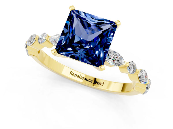 Yellow gold Princess Cut Blue Sapphire Ring with Marquise and Round  Side Stones and Four-Prong Setting