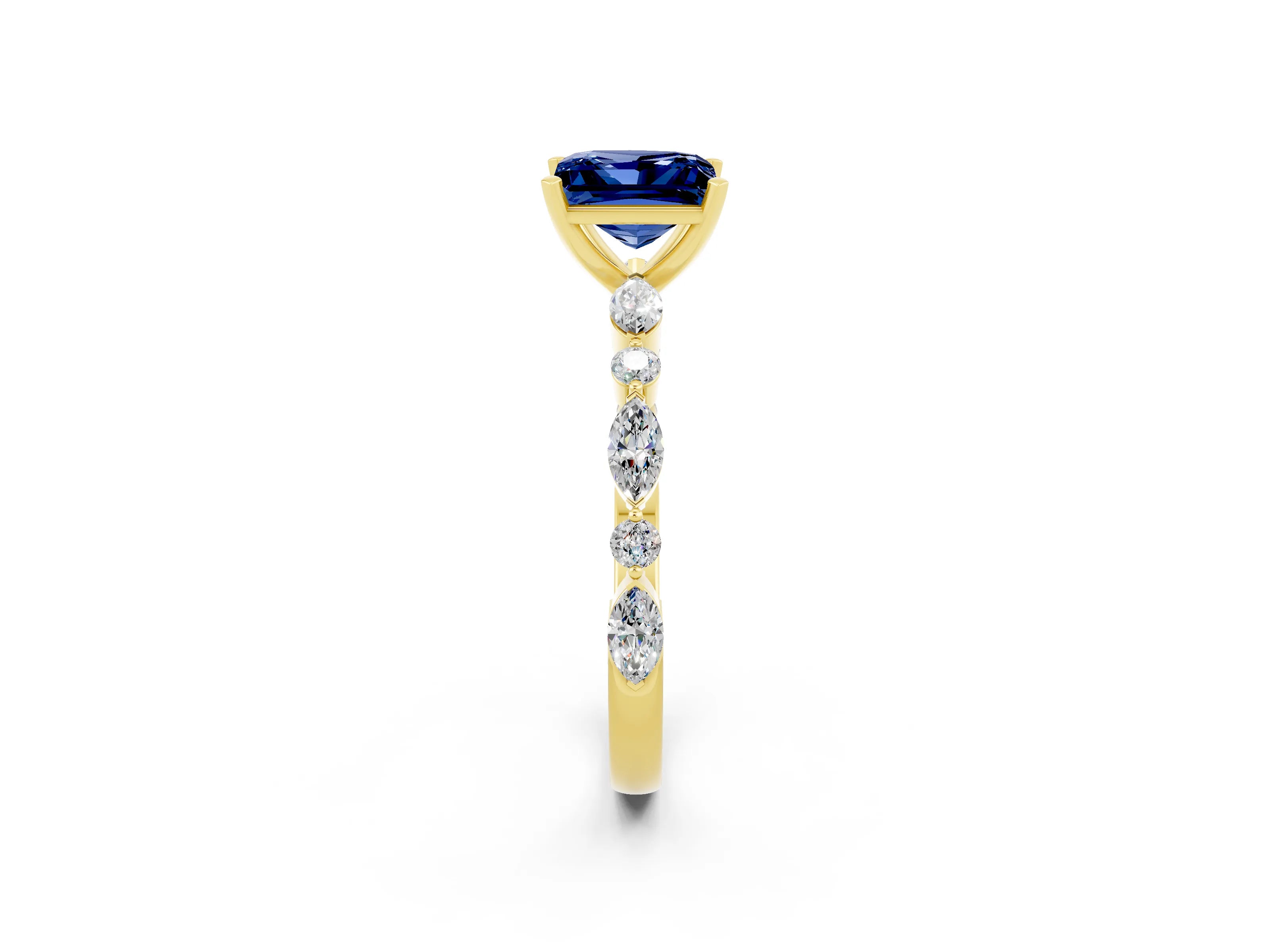 Yellow gold Princess Cut Blue Sapphire Solitaire with Side Stones on a Pavé Band and Four-Prong Setting_2