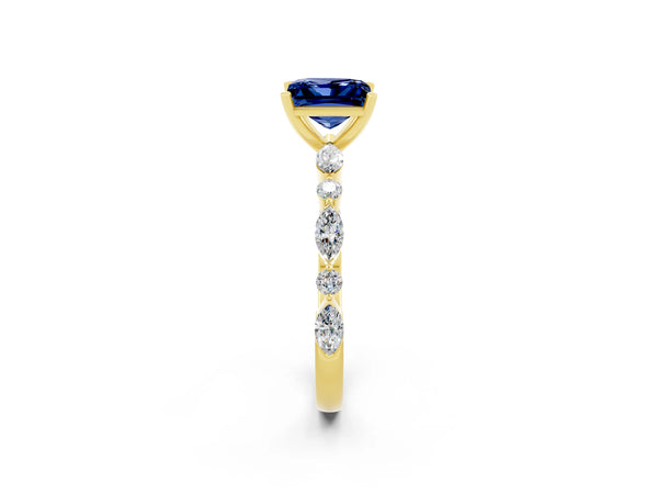 Yellow gold Princess Cut Blue Sapphire Ring with Marquise and Round  Side Stones and Four-Prong Setting