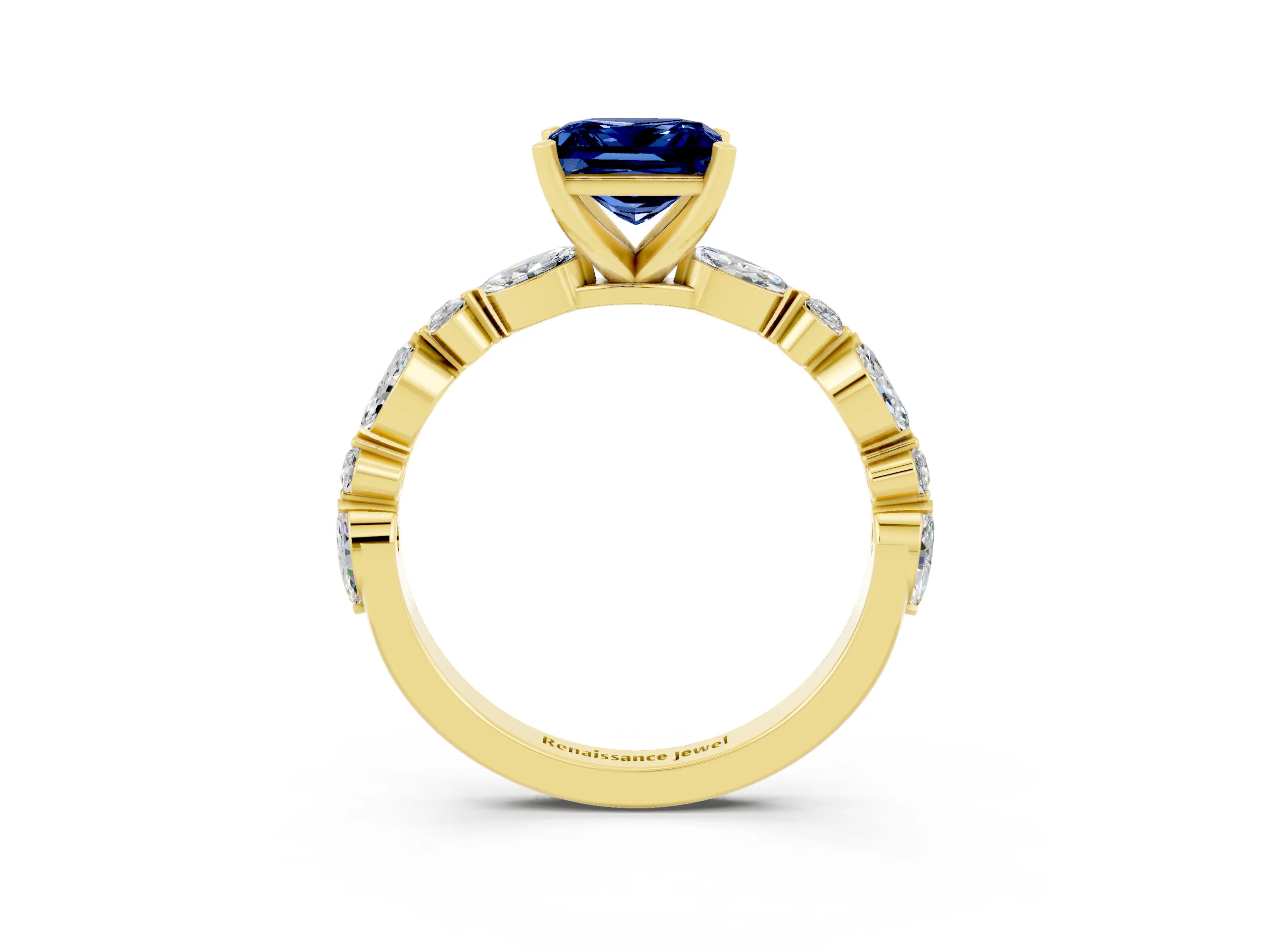 Yellow gold Princess Cut Blue Sapphire Solitaire with Side Stones on a Pavé Band and Four-Prong Setting_3
