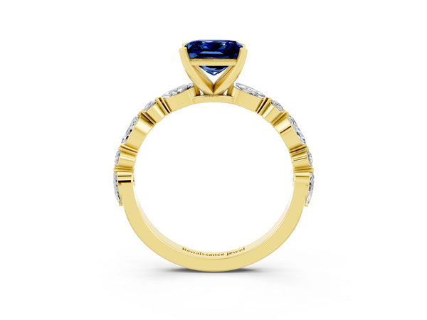 Yellow gold Princess Cut Blue Sapphire Ring with Marquise and Round  Side Stones and Four-Prong Setting