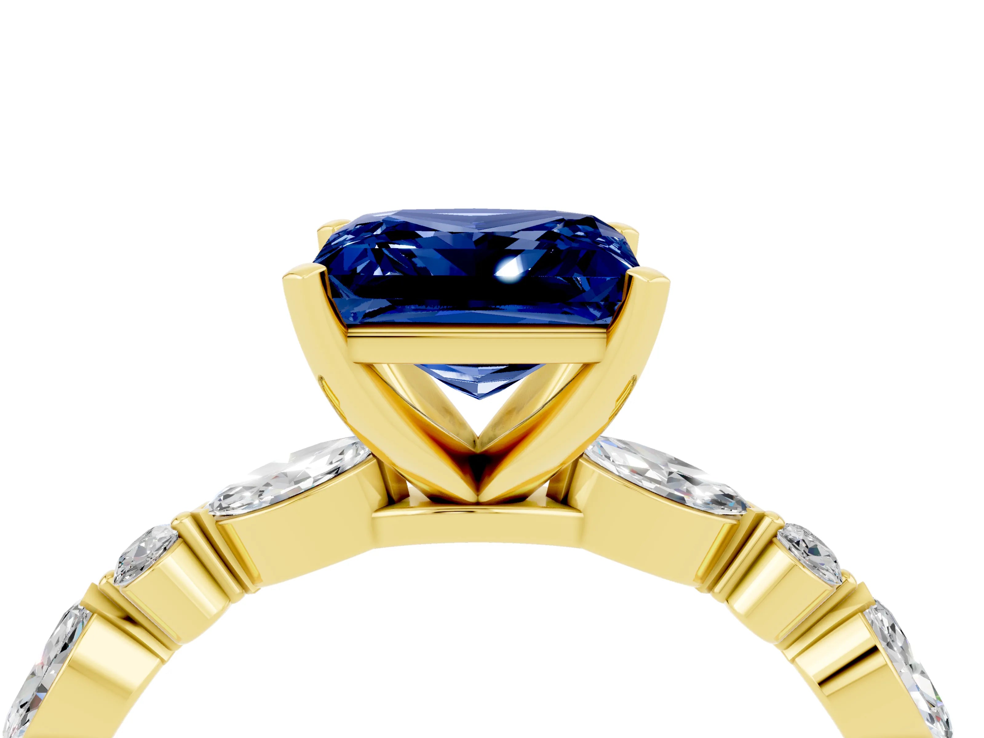 Yellow gold Princess Cut Blue Sapphire Solitaire with Side Stones on a Pavé Band and Four-Prong Setting_4
