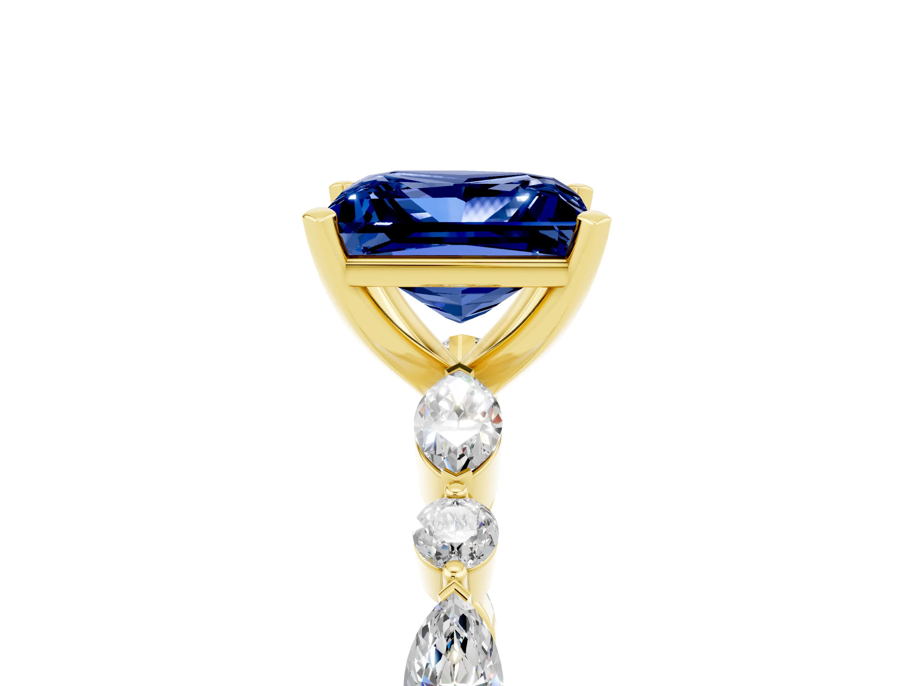 Yellow gold Princess Cut Blue Sapphire Solitaire with Side Stones on a Pavé Band and Four-Prong Setting_5