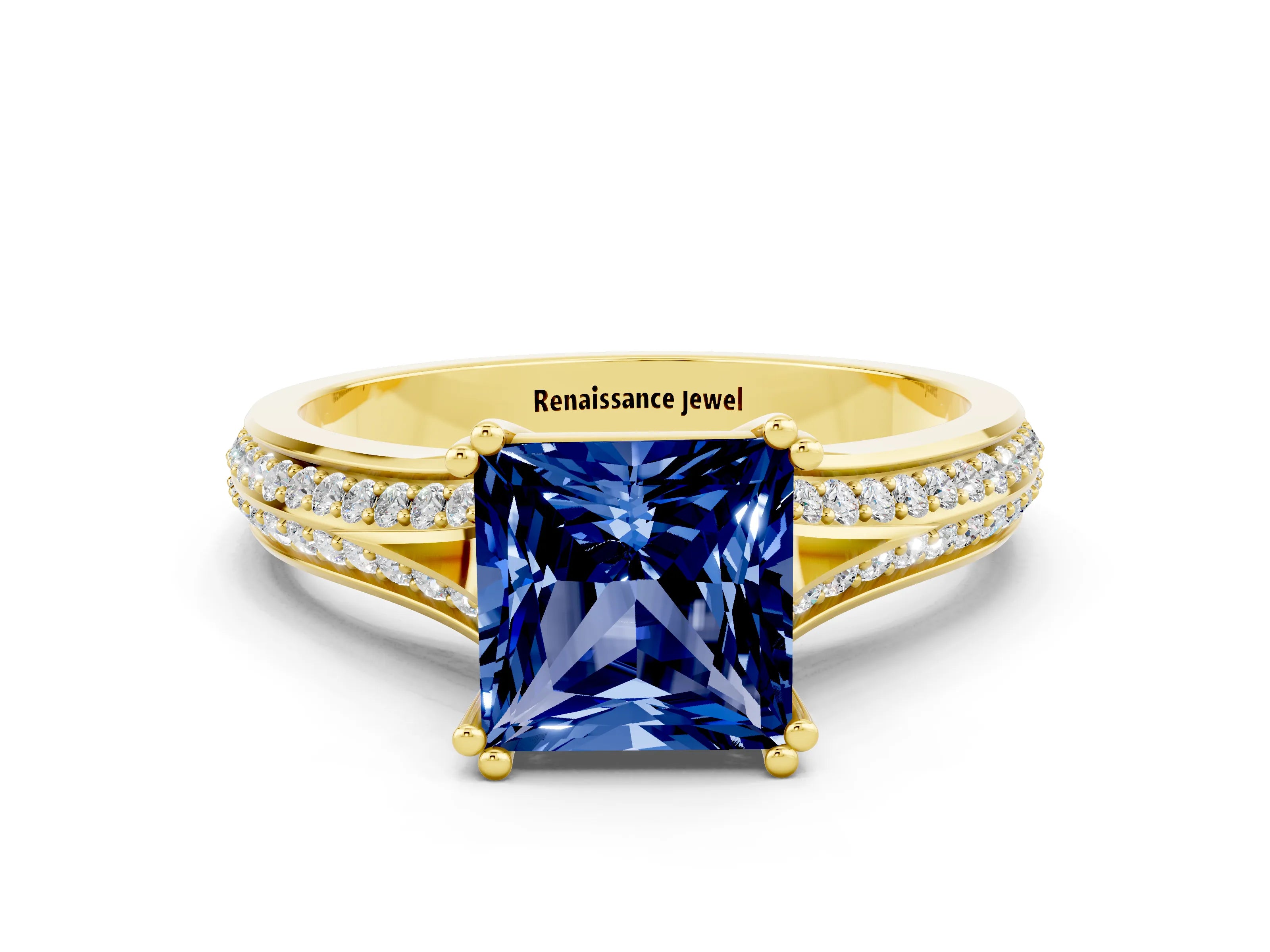 Yellow gold Princess Cut Blue Sapphire Split Shank Engagement Ring with Pavé Band