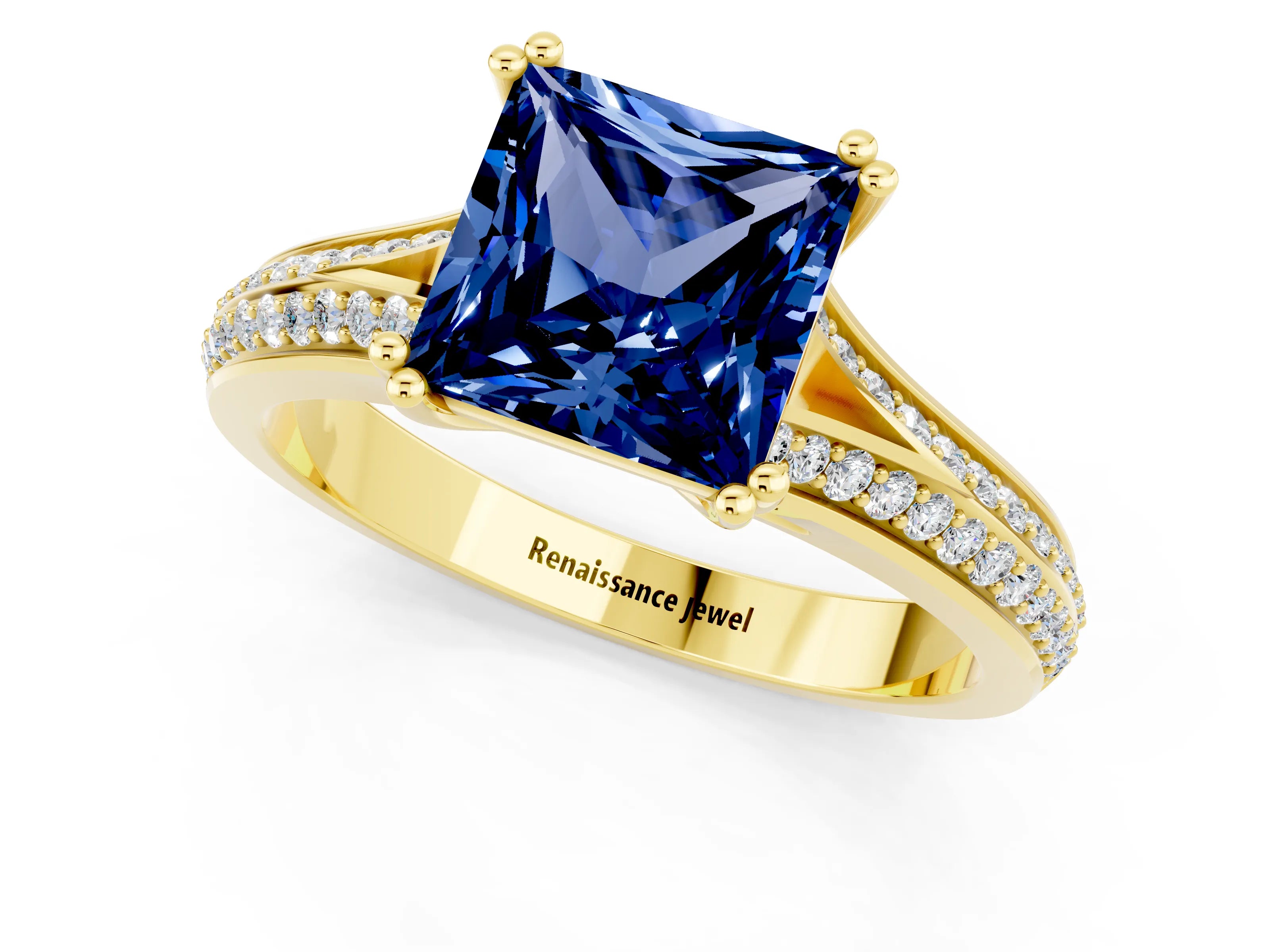 Yellow gold Princess Cut Blue Sapphire Split Shank Engagement Ring with Pavé Band_1