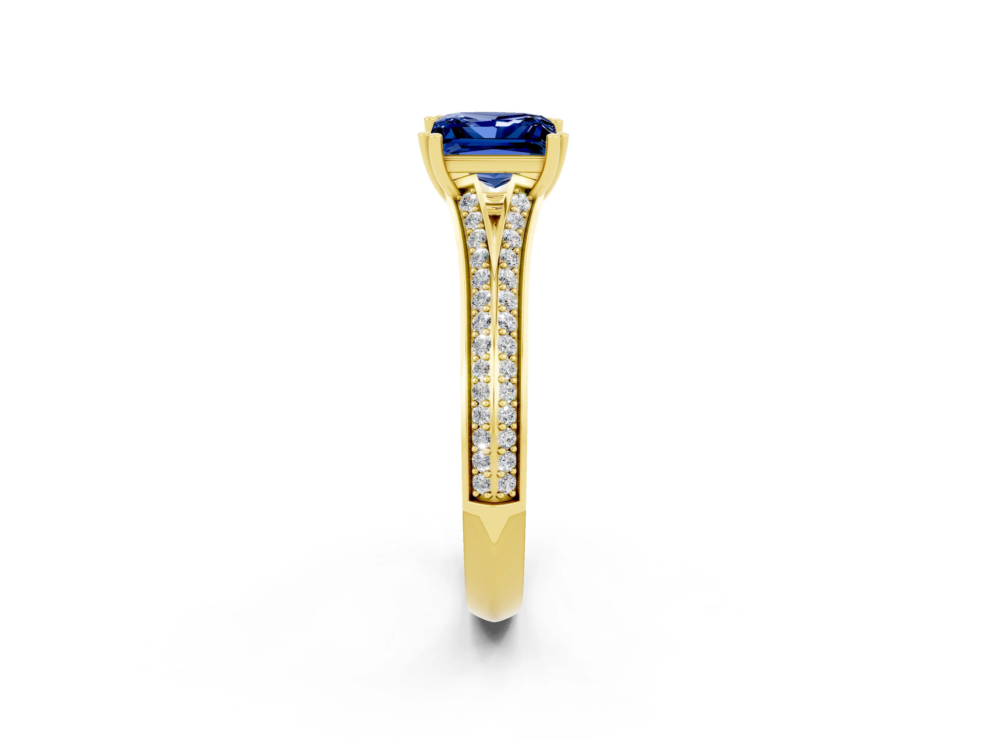 Yellow gold Princess Cut Blue Sapphire Split Shank Engagement Ring with Pavé Band_2