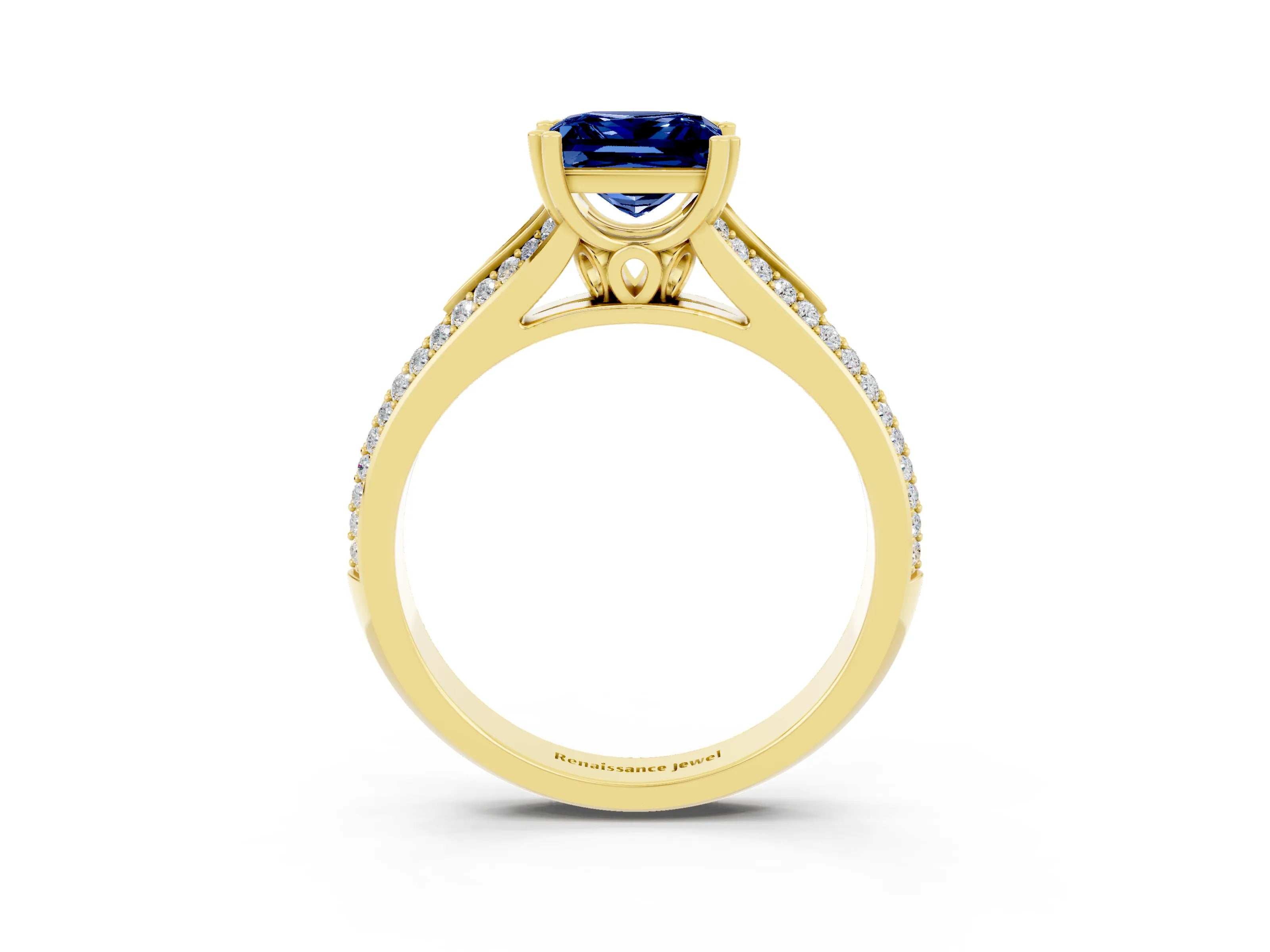Yellow gold Princess Cut Blue Sapphire Split Shank Engagement Ring with Pavé Band_3