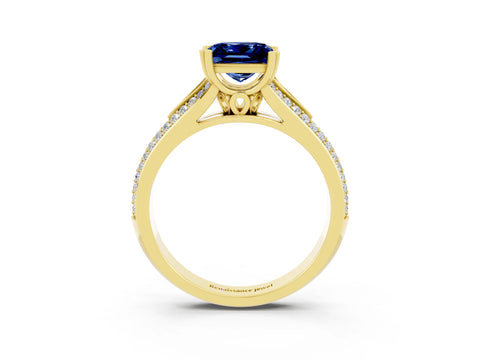 Yellow gold Princess Cut Blue Sapphire Split Shank Engagement Ring with Pavé Band_3