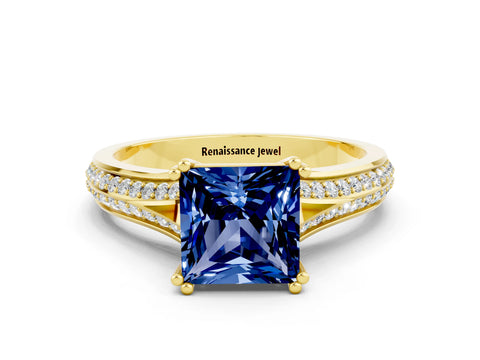 Yellow gold Princess Cut Blue Sapphire Split Shank Engagement Ring with Pavé Band