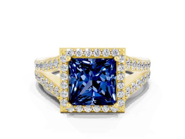 Yellow gold Princess Cut Blue Sapphire Split Shank Halo Ring with Four-Prong Setting