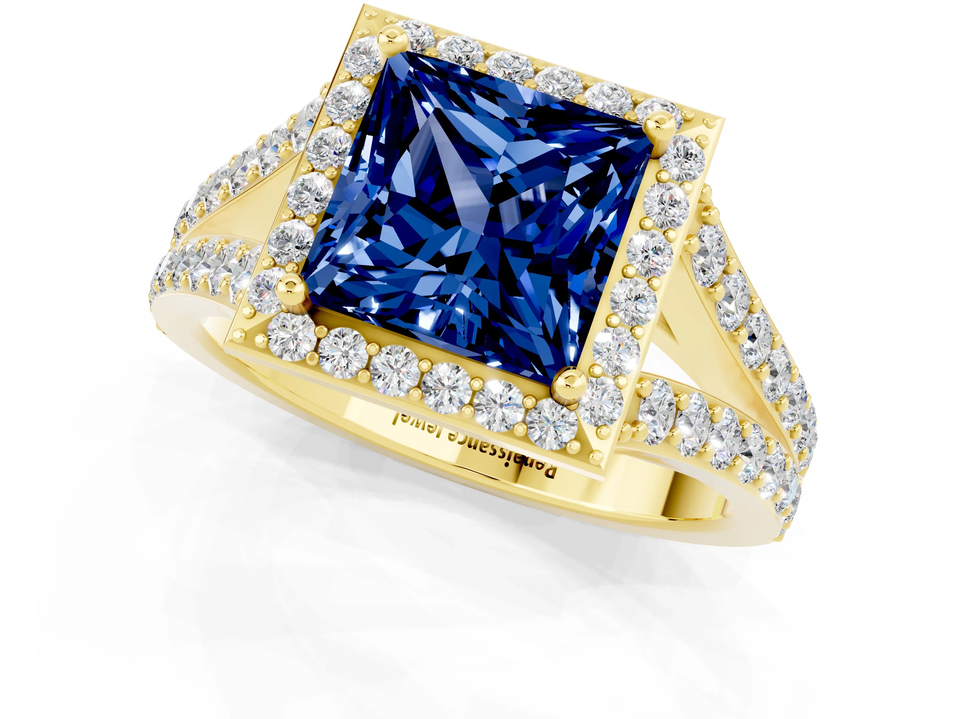 Yellow gold Princess Cut Blue Sapphire Split Shank Halo Ring with Four-Prong Setting_13