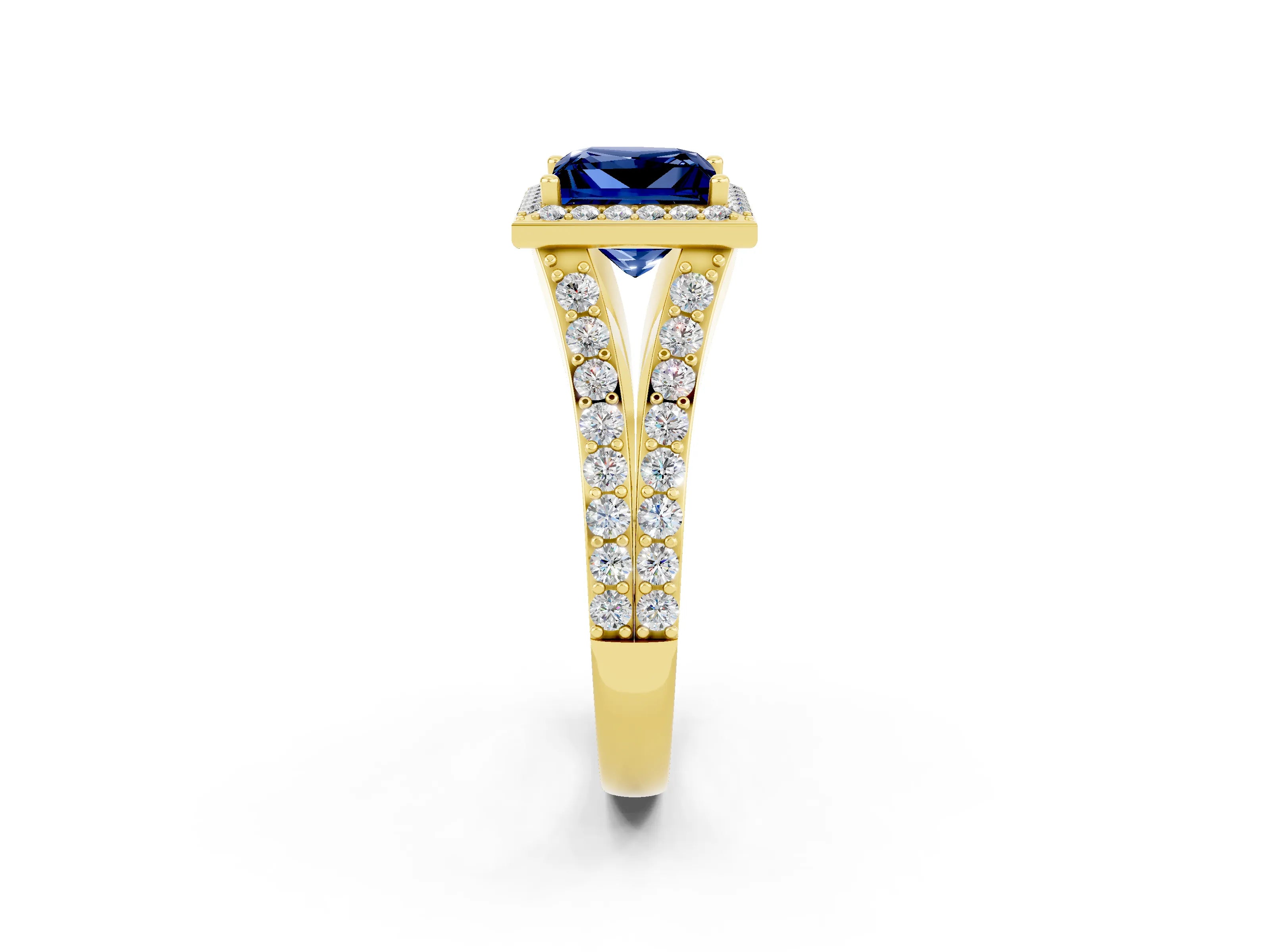 Yellow gold Princess Cut Blue Sapphire Split Shank Halo Ring with Four-Prong Setting_14