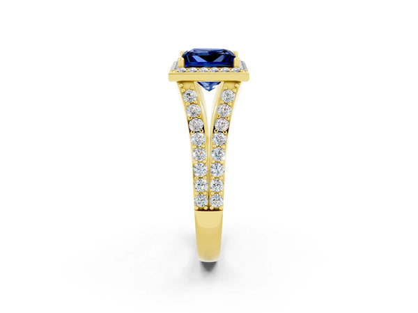 Yellow gold Princess Cut Blue Sapphire Split Shank Halo Ring with Four-Prong Setting