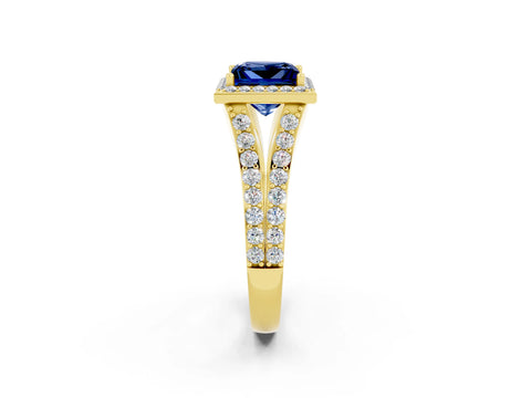 Yellow gold Princess Cut Blue Sapphire Split Shank Halo Ring with Four-Prong Setting_14