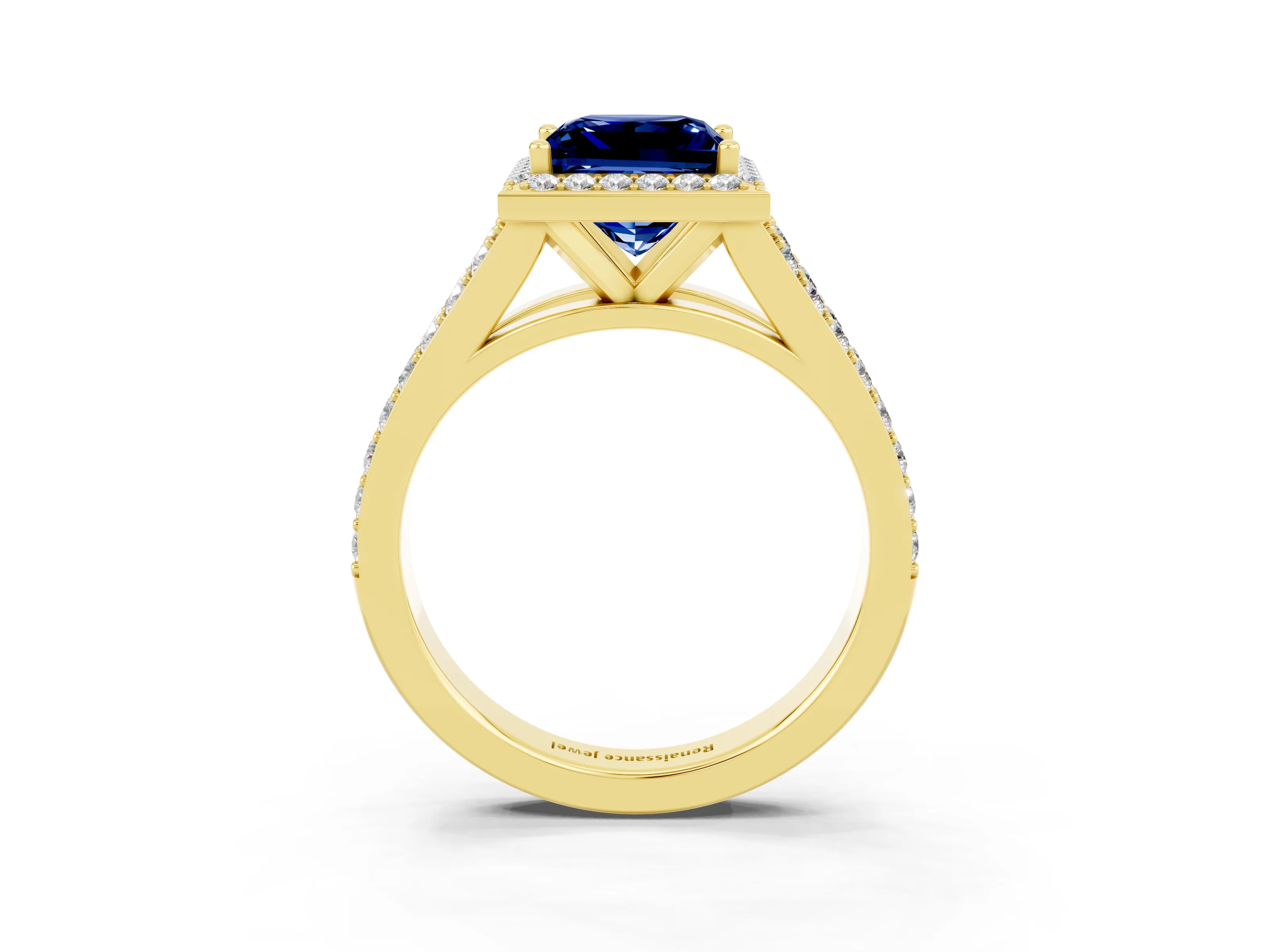 Yellow gold Princess Cut Blue Sapphire Split Shank Halo Ring with Four-Prong Setting_15