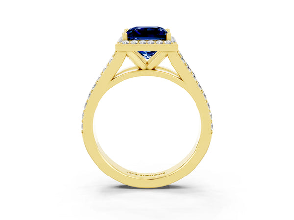 Yellow gold Princess Cut Blue Sapphire Split Shank Halo Ring with Four-Prong Setting