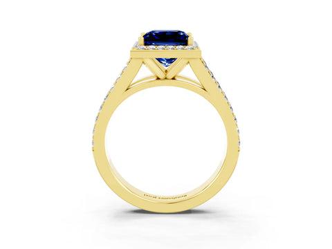 Yellow gold Princess Cut Blue Sapphire Split Shank Halo Ring with Four-Prong Setting_15