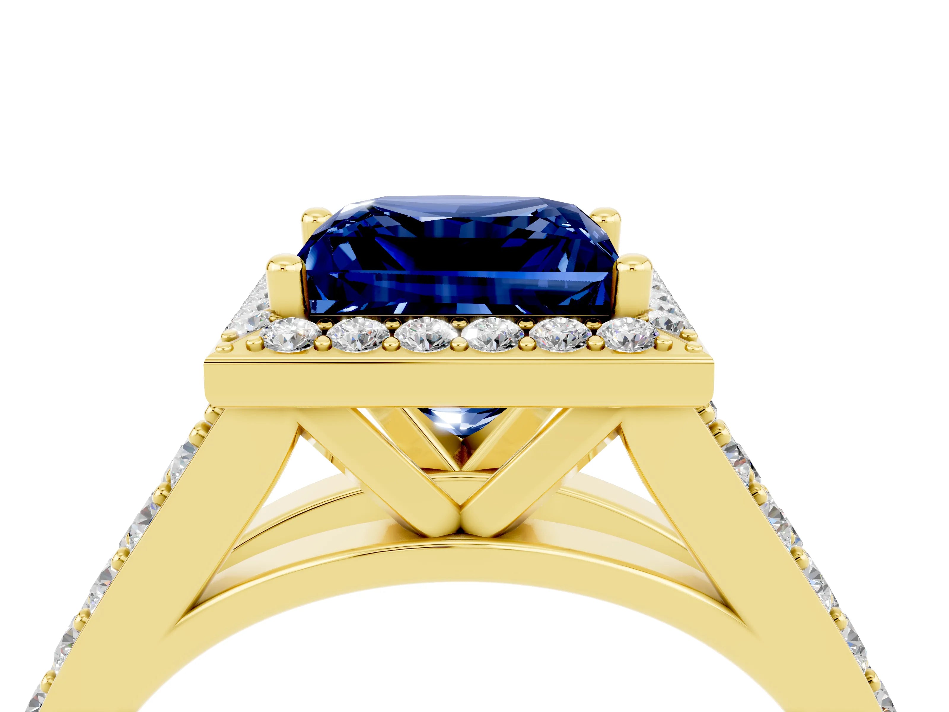 Yellow gold Princess Cut Blue Sapphire Split Shank Halo Ring with Four-Prong Setting_16