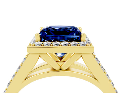 Yellow gold Princess Cut Blue Sapphire Split Shank Halo Ring with Four-Prong Setting_16