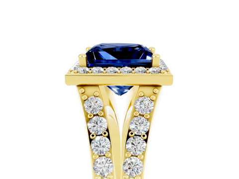 Yellow gold Princess Cut Blue Sapphire Split Shank Halo Ring with Four-Prong Setting_17