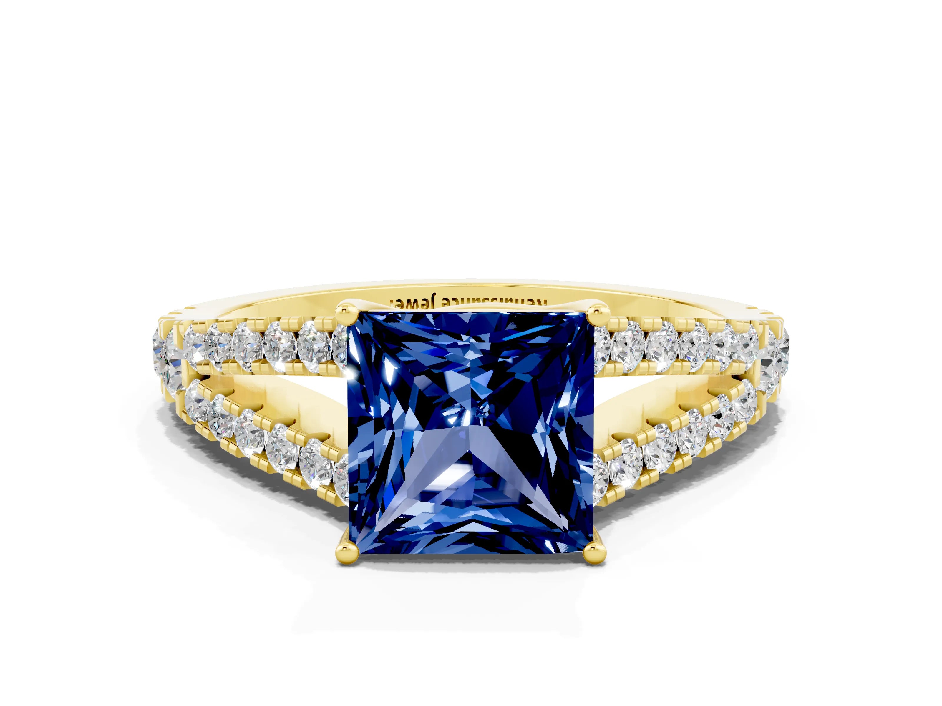 Yellow gold Princess Cut Blue Sapphire Split Shank Pavé Engagement Ring with Four-Prong Setting_12