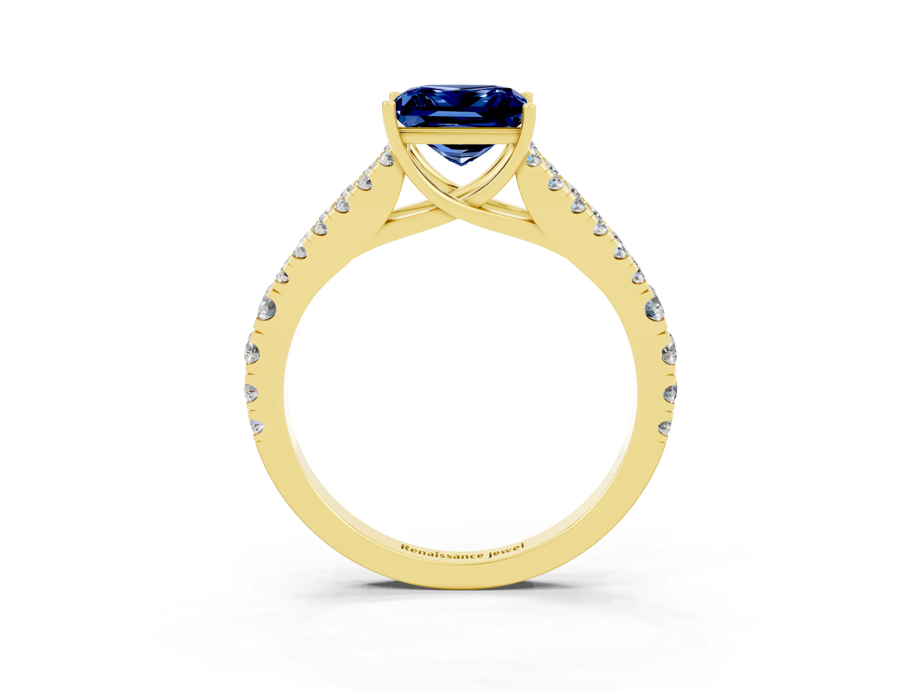 Yellow gold Princess Cut Blue Sapphire Split Shank Pavé Engagement Ring with Four-Prong Setting_15