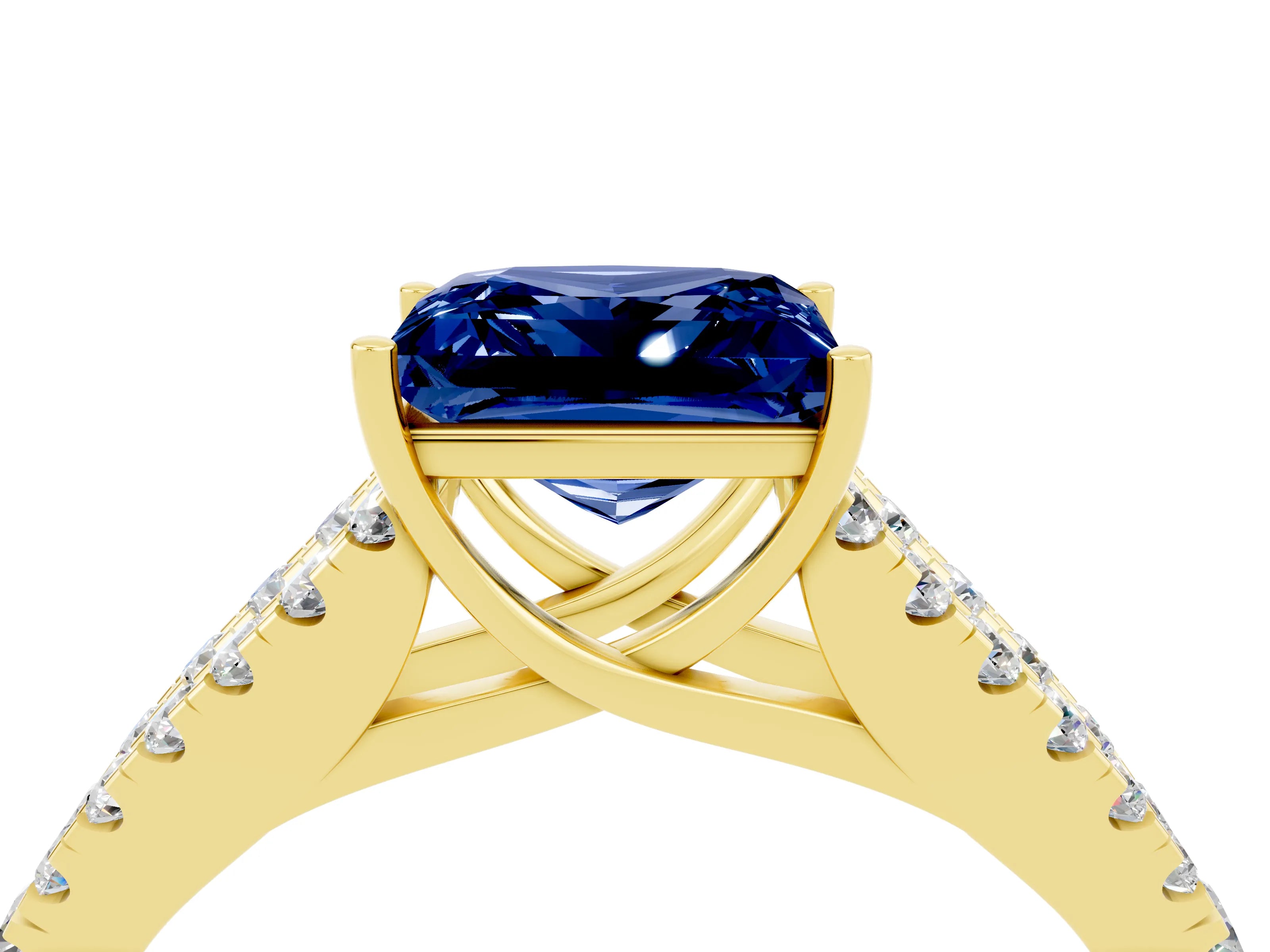 Yellow gold Princess Cut Blue Sapphire Split Shank Pavé Engagement Ring with Four-Prong Setting_16