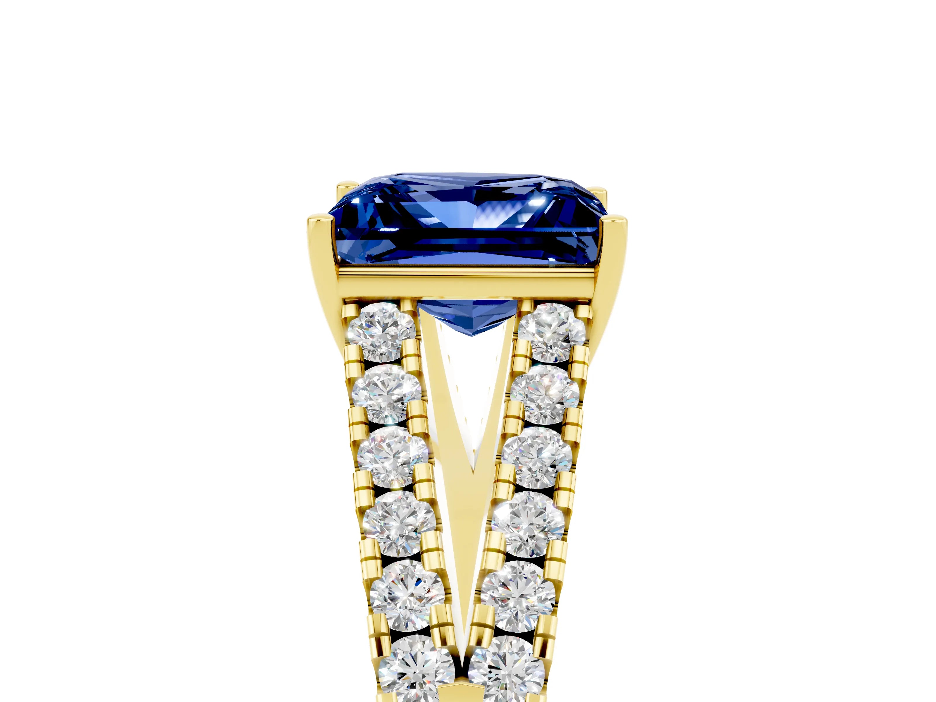 Yellow gold Princess Cut Blue Sapphire Split Shank Pavé Engagement Ring with Four-Prong Setting_17