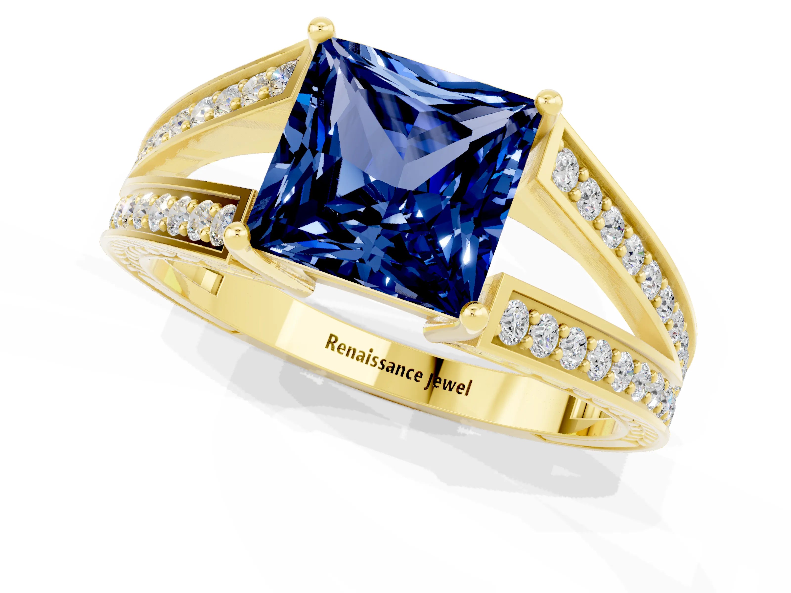Yellow gold Princess Cut Blue Sapphire Split Shank Ring with Pavé Band and Four-Prong Setting_1