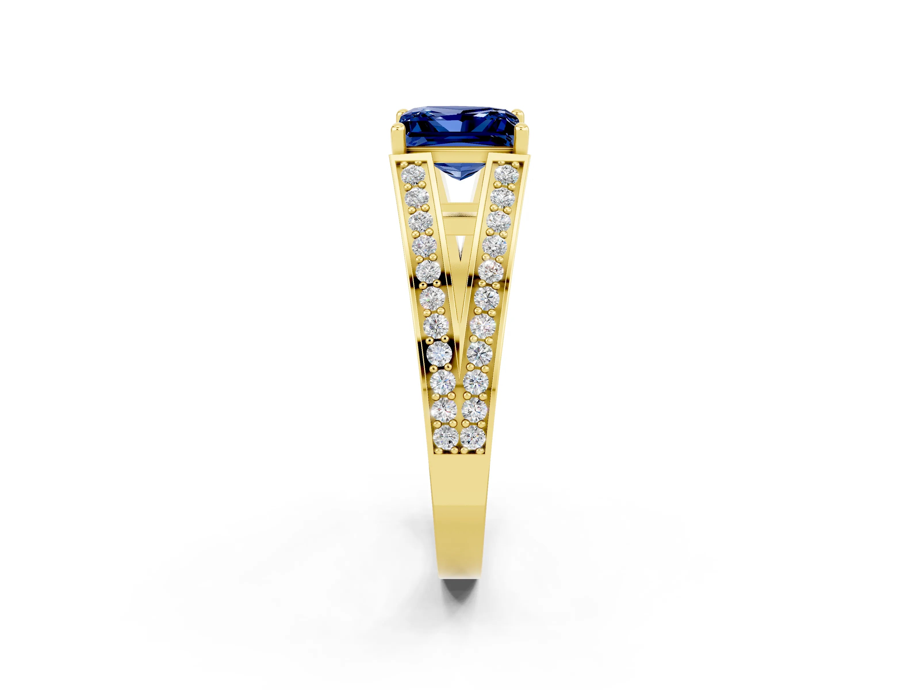 Yellow gold Princess Cut Blue Sapphire Split Shank Ring with Pavé Band and Four-Prong Setting_2