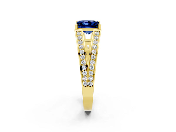Yellow gold Princess Cut Blue Sapphire Split Shank Ring with Pavé Band and Four-Prong Setting