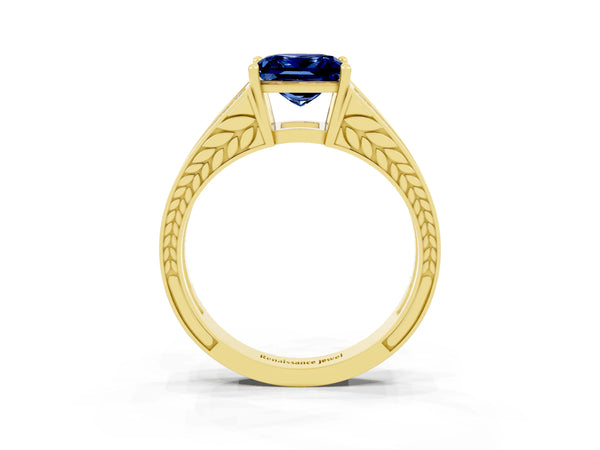 Yellow gold Princess Cut Blue Sapphire Split Shank Ring with Pavé Band and Four-Prong Setting