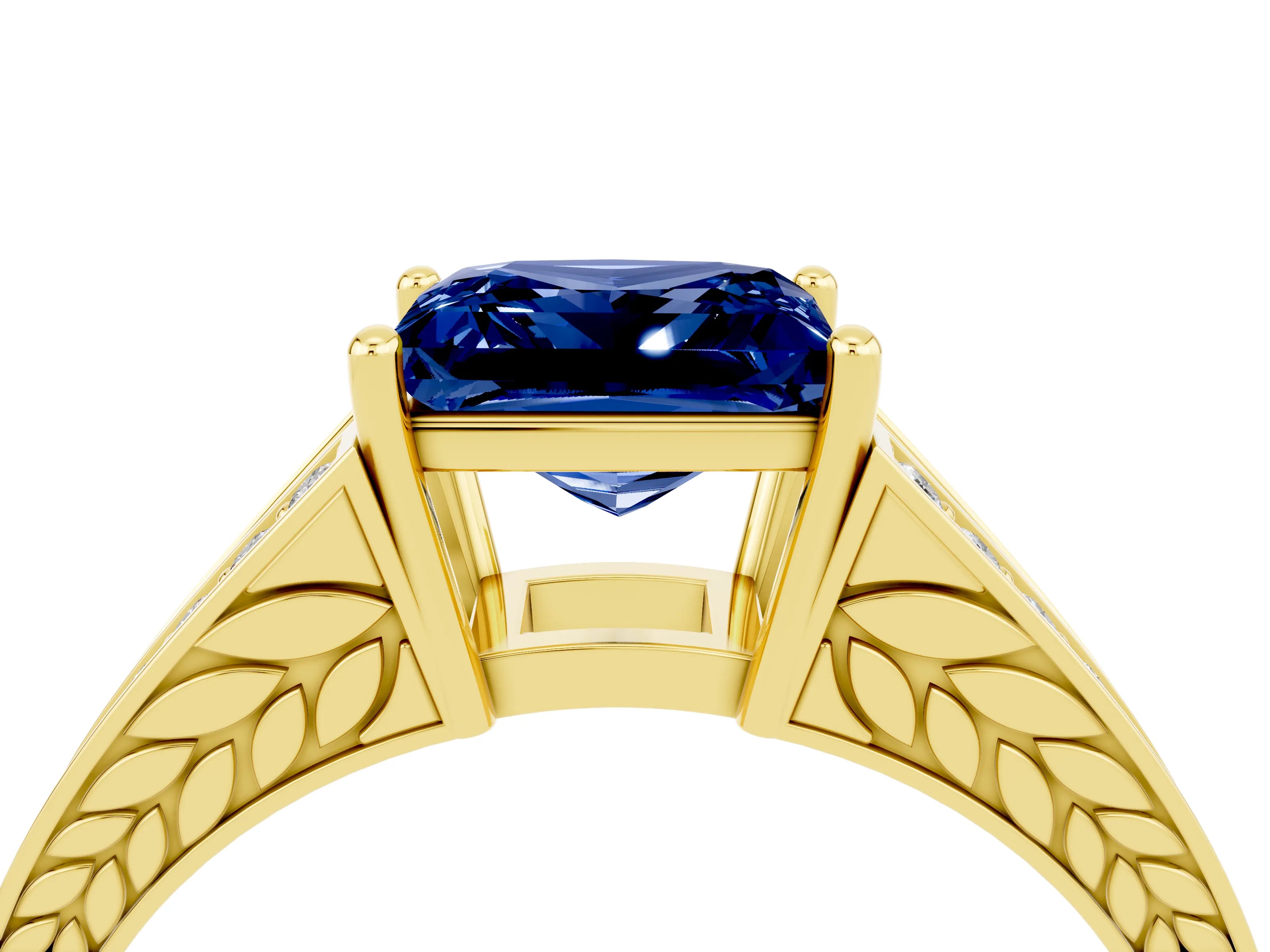 Yellow gold Princess Cut Blue Sapphire Split Shank Ring with Pavé Band and Four-Prong Setting_4