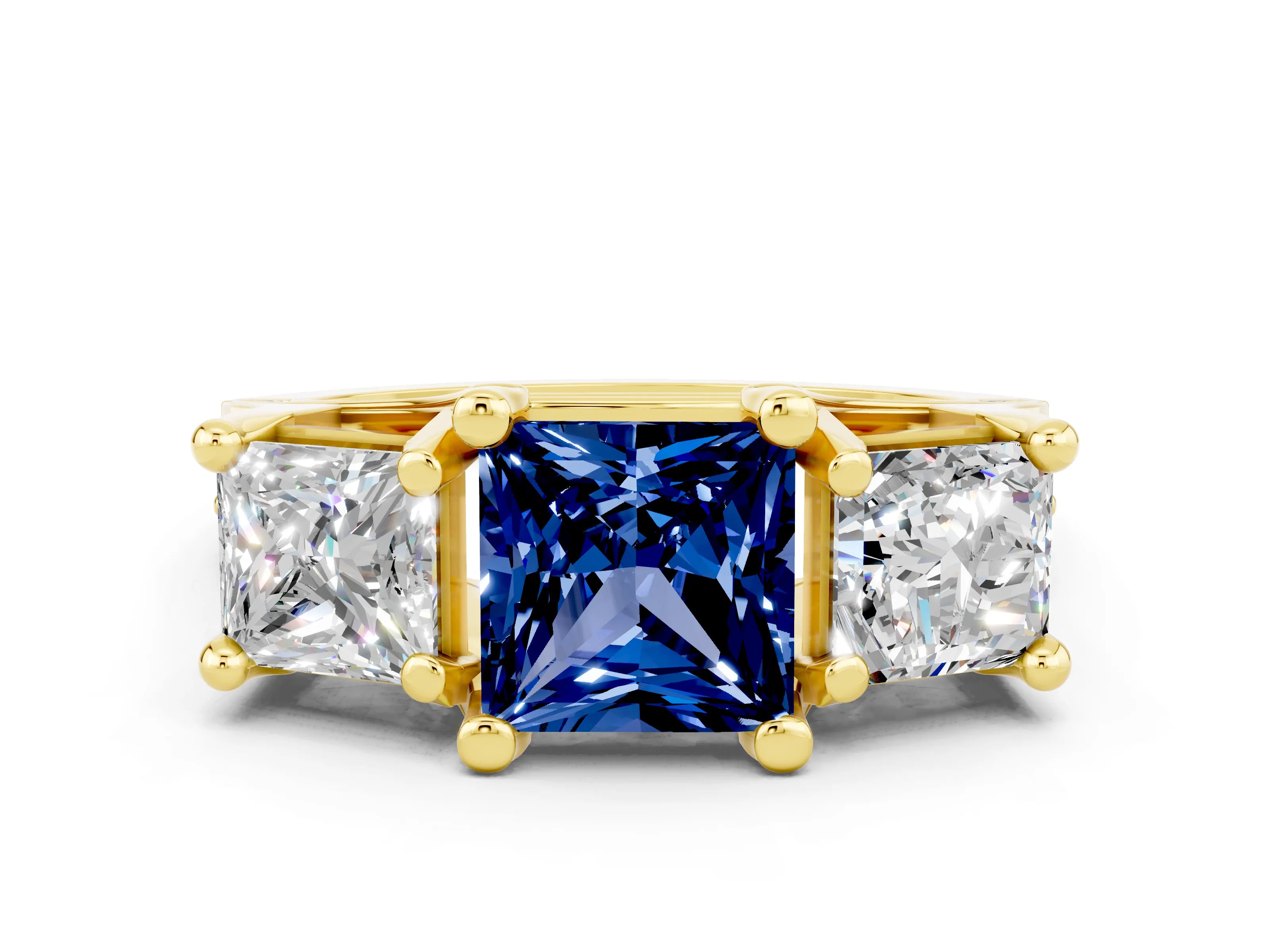 Yellow gold Princess Cut Blue Sapphire Three-Stone Ring with Channel Set Band and Four-Prong Setting