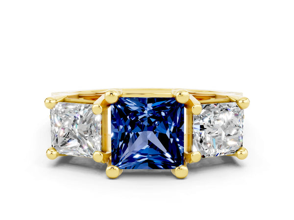 Yellow gold Princess Cut Blue Sapphire Three-Stone Ring with Channel Set Band and Four-Prong Setting