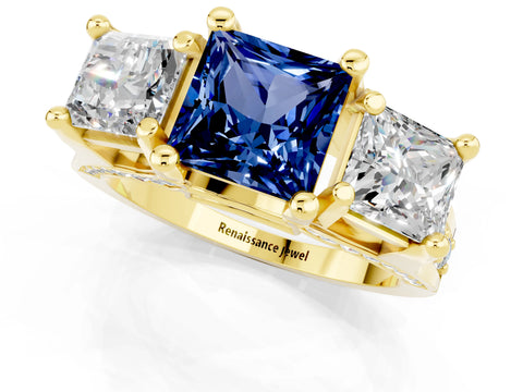 Yellow gold Princess Cut Blue Sapphire Three-Stone Ring with Channel Set Band and Four-Prong Setting_1