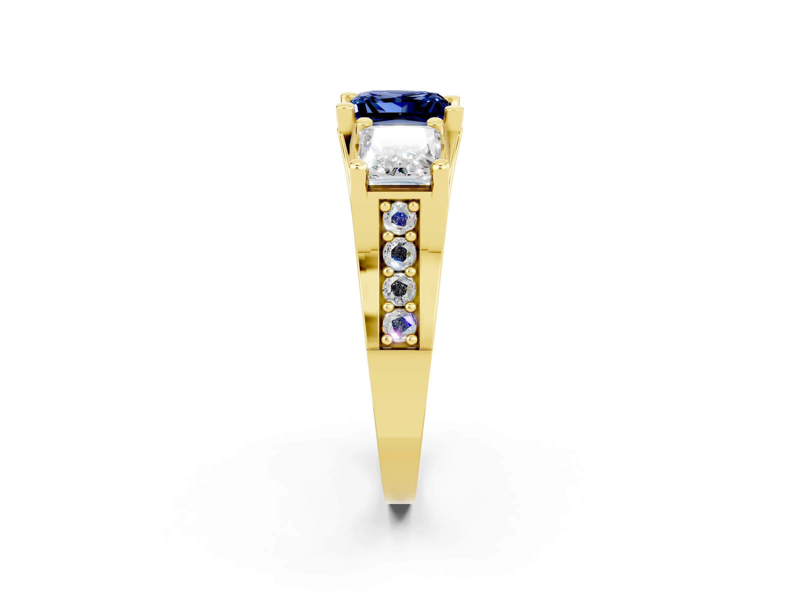Yellow gold Princess Cut Blue Sapphire Three-Stone Ring with Channel Set Band and Four-Prong Setting_2