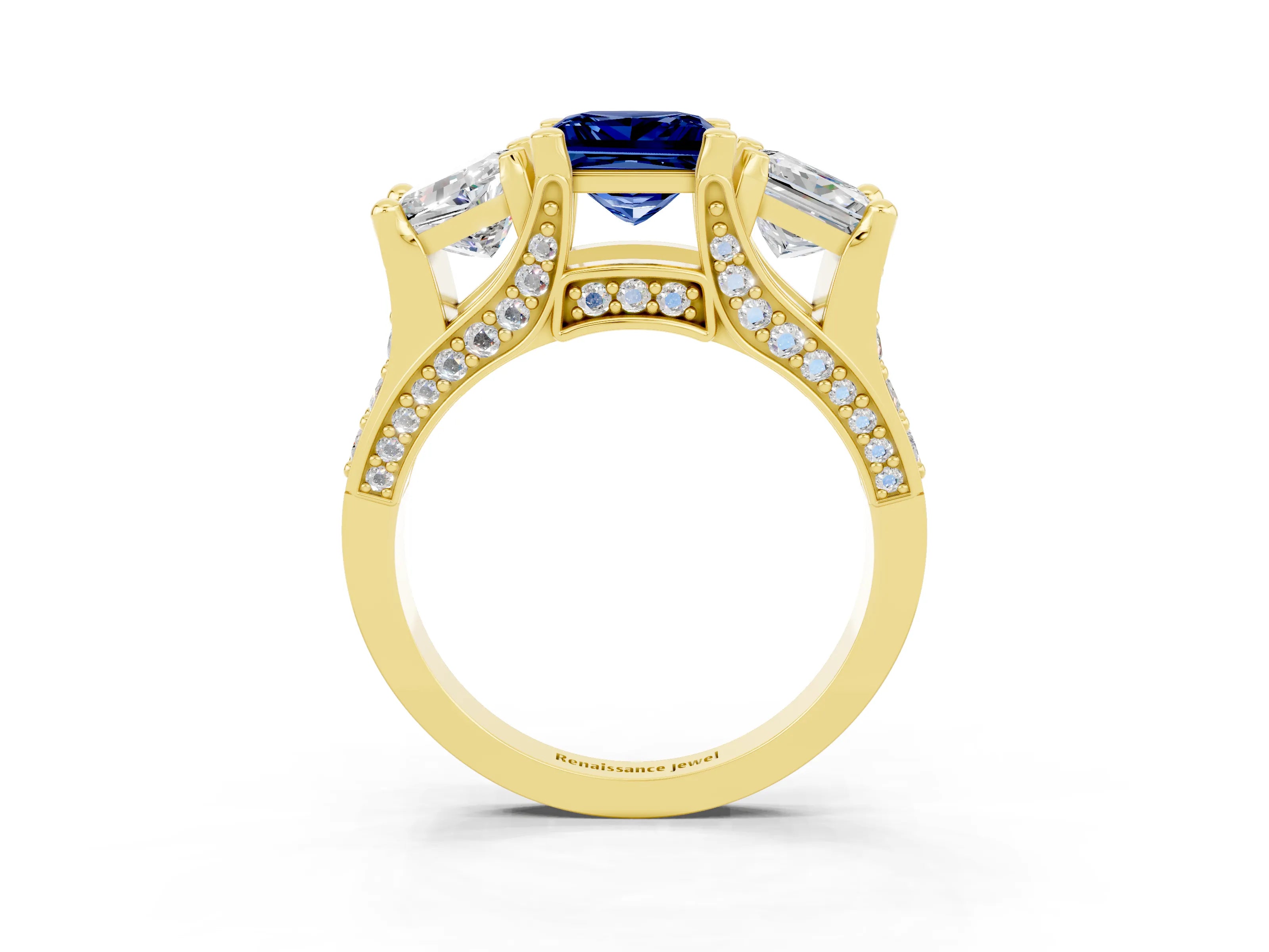 Yellow gold Princess Cut Blue Sapphire Three-Stone Ring with Channel Set Band and Four-Prong Setting_3