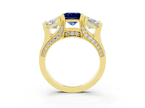 Yellow gold Princess Cut Blue Sapphire Three-Stone Ring with Channel Set Band and Four-Prong Setting_3