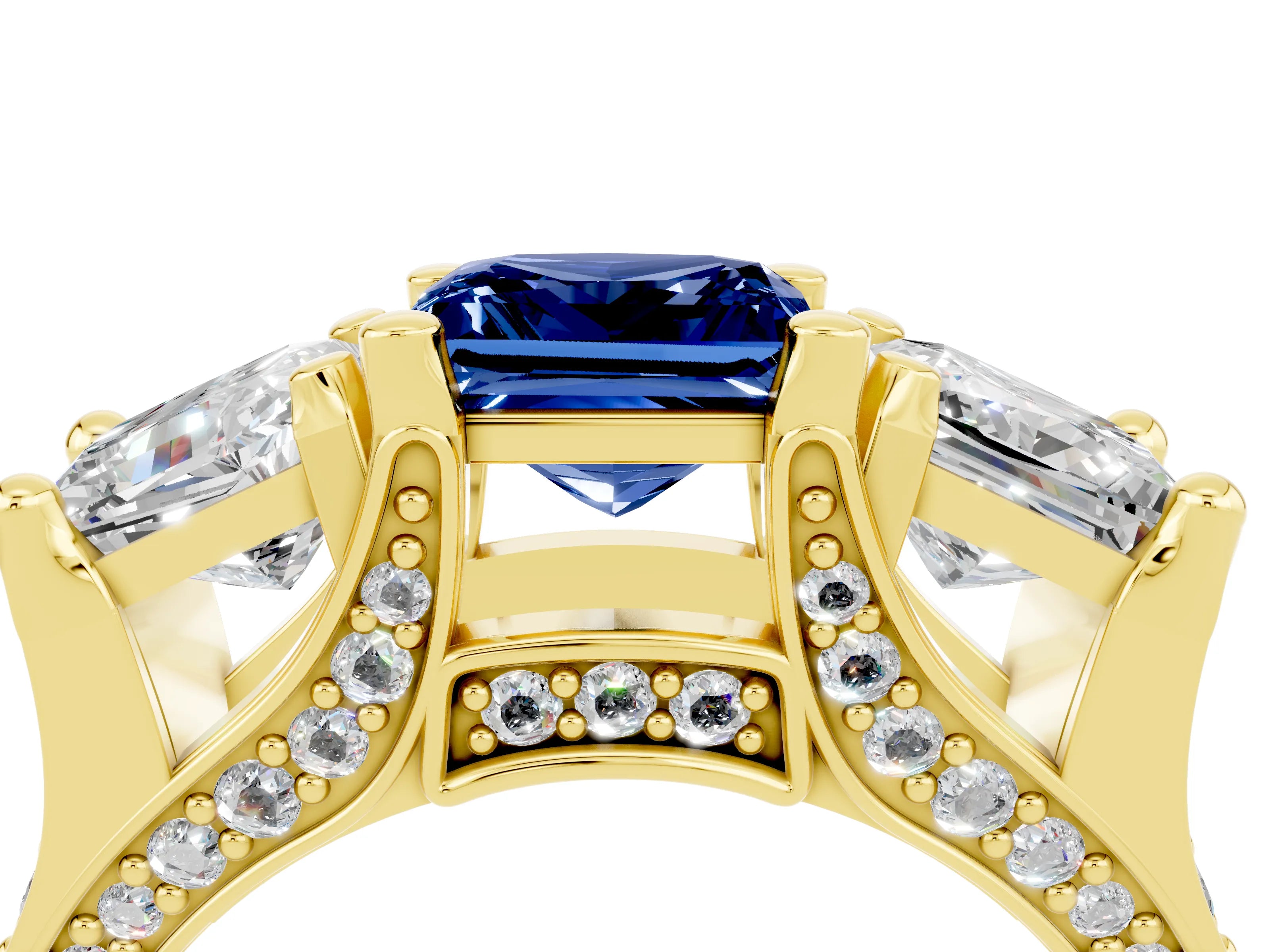 Yellow gold Princess Cut Blue Sapphire Three-Stone Ring with Channel Set Band and Four-Prong Setting_4