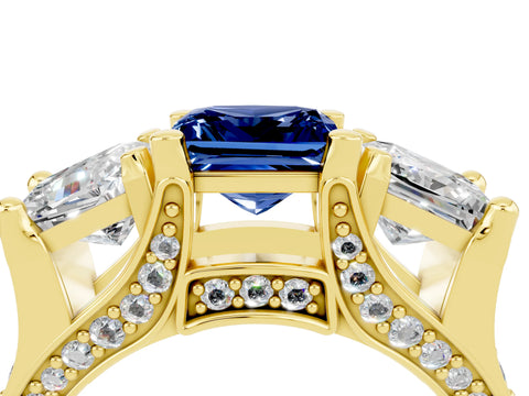 Yellow gold Princess Cut Blue Sapphire Three-Stone Ring with Channel Set Band and Four-Prong Setting_4