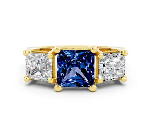Yellow gold Princess Cut Blue Sapphire Three-Stone Ring with Channel Set Band and Four-Prong Setting