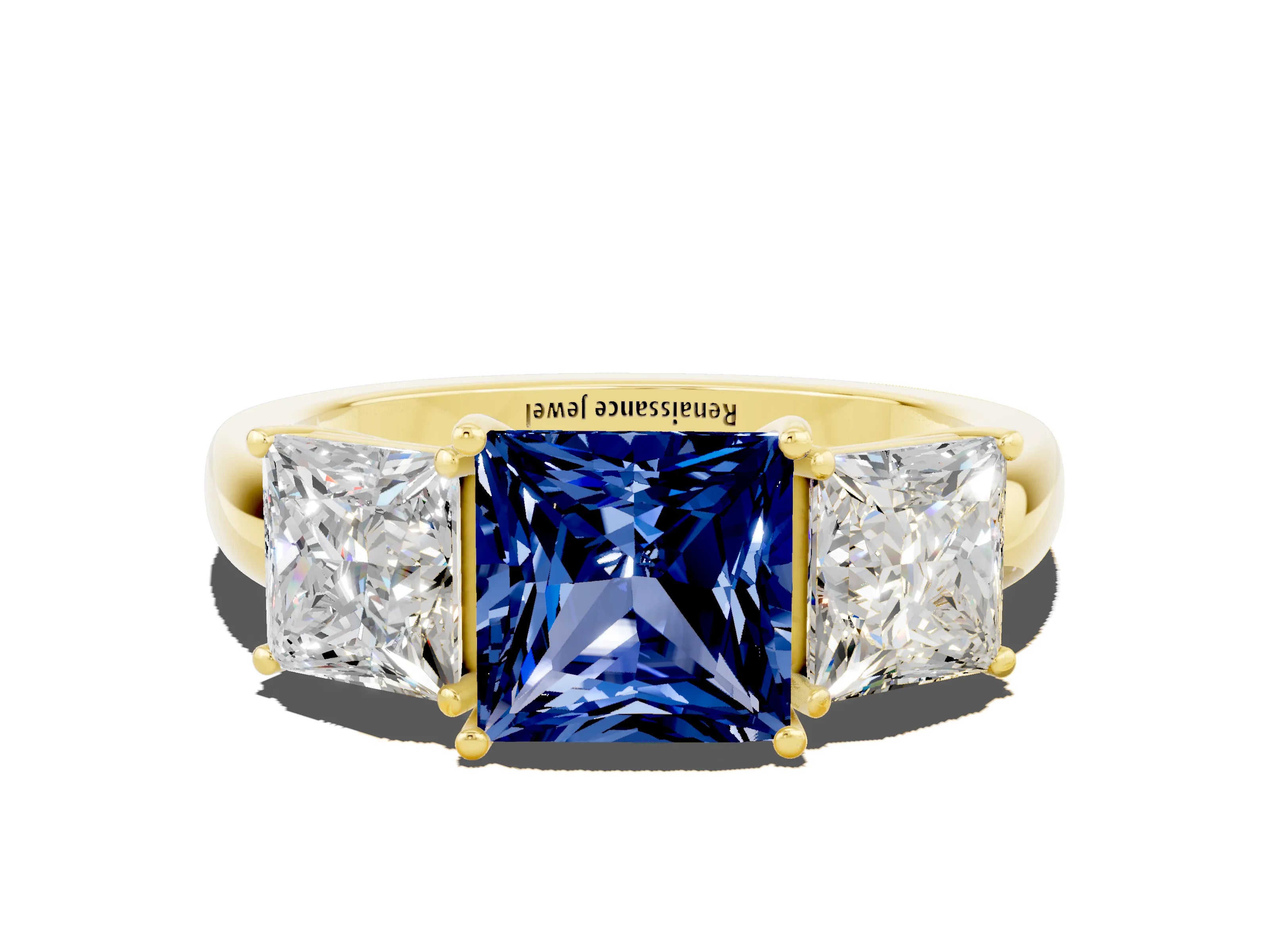Yellow gold Princess Cut Blue Sapphire Three-Stone Ring with Four-Prong Setting and Classic Band