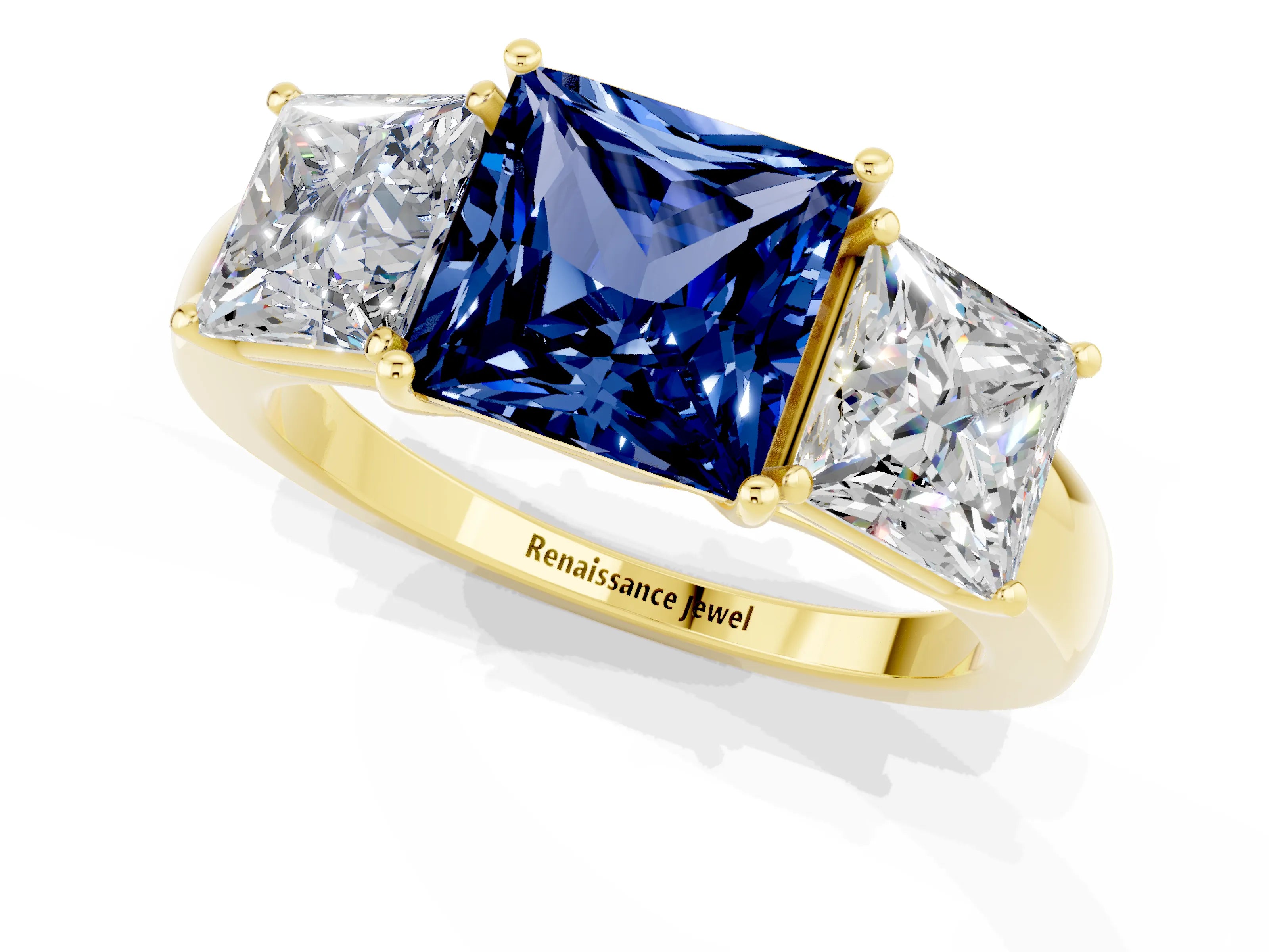Yellow gold Princess Cut Blue Sapphire Three-Stone Ring with Four-Prong Setting and Classic Band_1