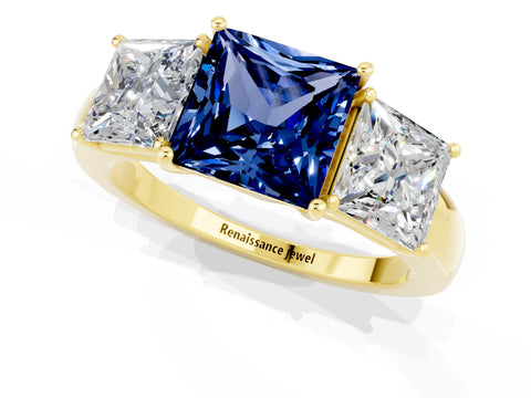 Yellow gold Princess Cut Blue Sapphire Three-Stone Ring with Four-Prong Setting and Classic Band_1