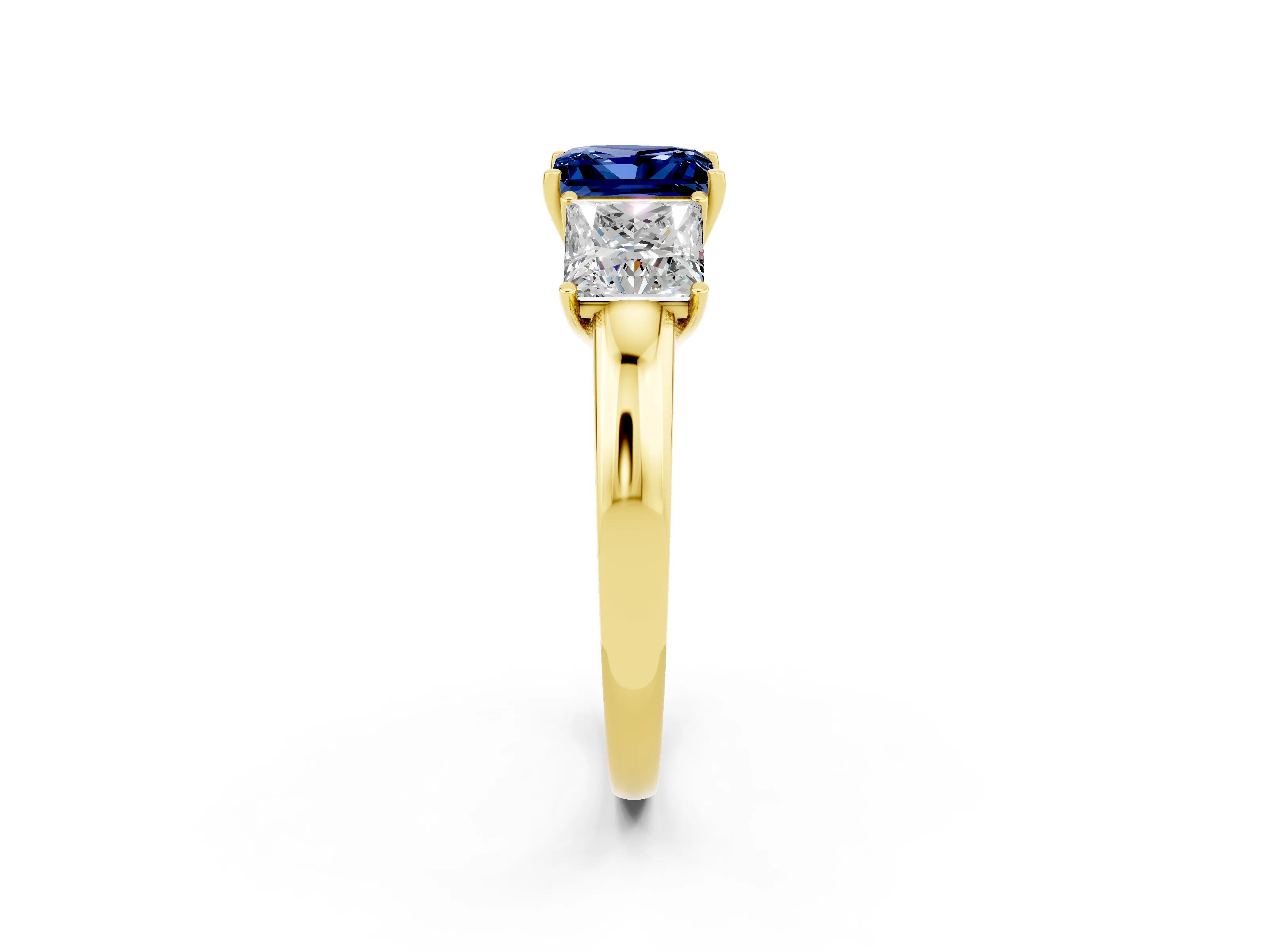 Yellow gold Princess Cut Blue Sapphire Three-Stone Ring with Four-Prong Setting and Classic Band_2