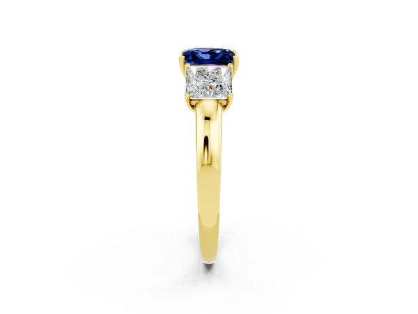 Yellow gold Princess Cut Blue Sapphire Three-Stone Ring with Four-Prong Setting and Classic Band